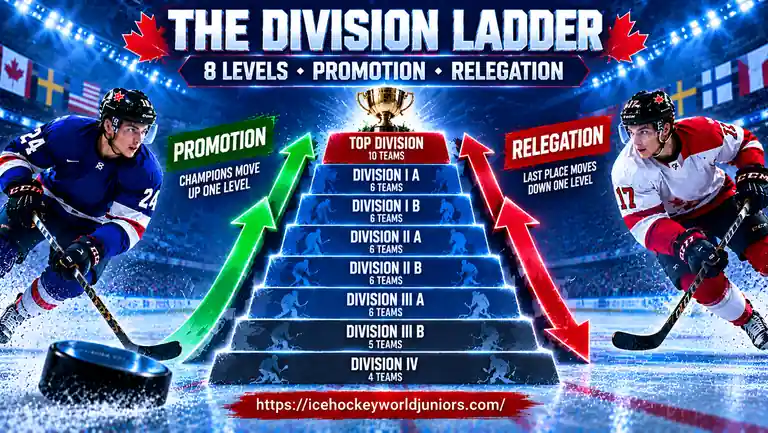 2027 World Junior Championship Promotion and Relegation: How It Works 2 World Junior Championship division ladder showing promotion and relegation between tournament levels.