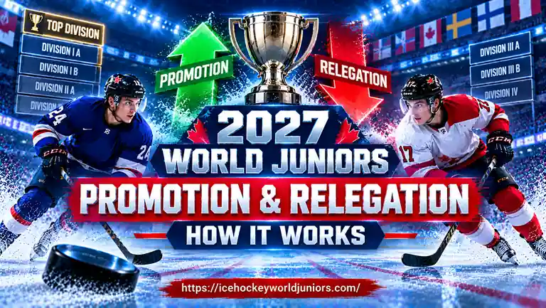 2027 World Junior Championship Promotion and Relegation: How It Works 1 2027 World Junior Championship promotion and relegation rules explained in a hockey graphic.