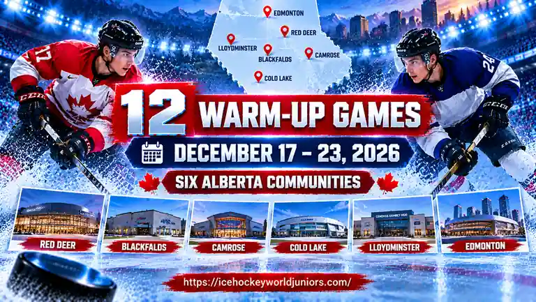 2027 World Juniors pre-tournament game schedule covering December 17 to 23 across Alberta.