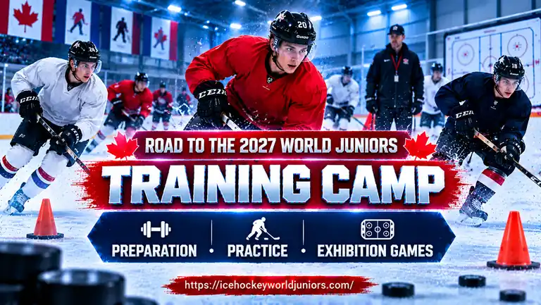 Junior hockey players preparing at training camp before the 2027 World Junior Championship.