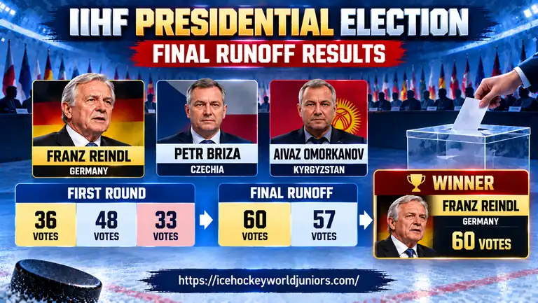IIHF presidential election final runoff results showing Franz Reindl 60 votes and Petr Briza