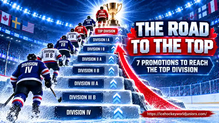 2027 World Junior Championship Promotion and Relegation: How It Works 5 World Juniors division promotion journey illustrating the climb from Division IV to the top division.